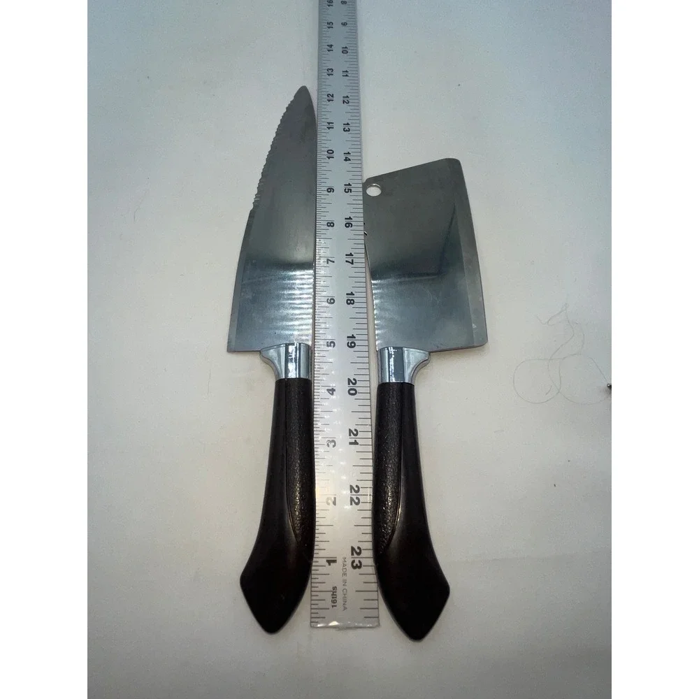 Ginsu Knife Brown Plastic Handle Stainless USA Chef Knife & Meat Cleaver